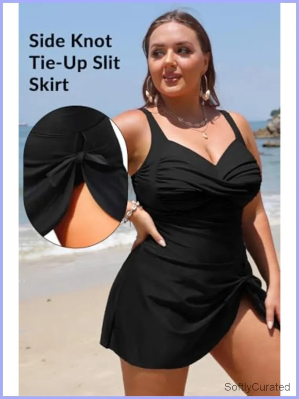 Plus Size Swimdress - Tummy Control One Piece Swimsuit Twist Front Side Knot